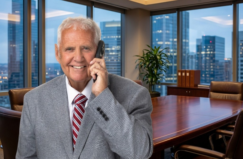 Dave Westlake on a business call in a boardroom overlooking the city